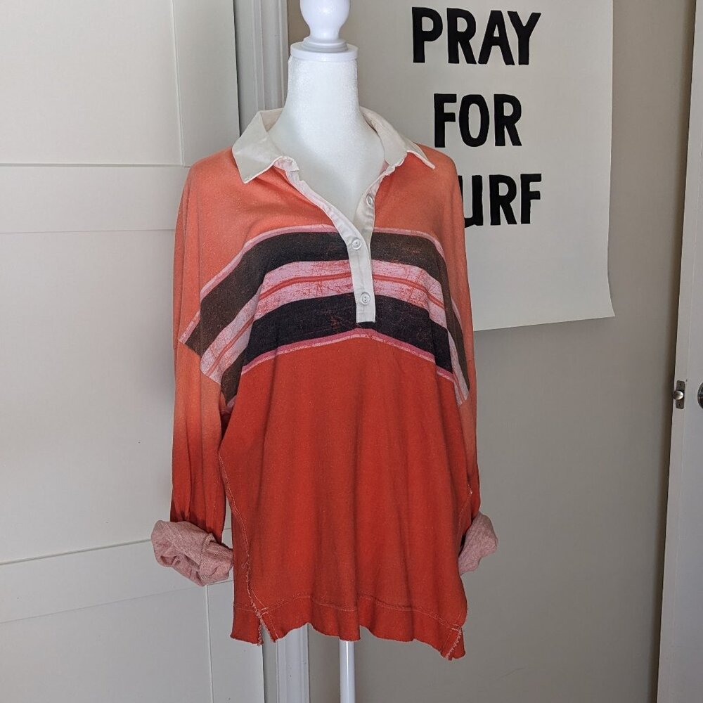 BDG Hallie Distressed Oversized Lightweight Long Sleeve Athletic Polo Size M